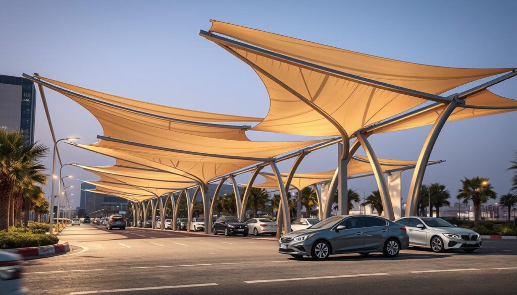 Captivating modern tensile shade structures elegantly adorning the entrances of Dammam, Saudi Arabia. Sleek metallic frames and translucent canopies cast dynamic shadows, creating a warm and inviting ambiance. The structures seamlessly blend into the urban landscape, providing functional shade while enhancing the architectural aesthetic. Realistic lighting accentuates the interplay of light and shadow, conveying a sense of sophistication and architectural mastery. Strategically positioned cars in the foreground add a touch of realism, completing the picturesque scene that embodies the innovative spirit of Dammam's 2026 carport designs.