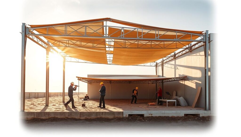 Detailed architectural cross-section rendering of a modern metal shade structure installation process. Sturdy metal framework with intricate welded connections supporting a high-quality tensile fabric canopy. Skilled technicians using power tools to assemble the components in a meticulously organized construction site. Warm afternoon sunlight streaming through the partially completed structure, casting dramatic shadows on the sandy ground. Realistic textures, materials, and lighting create a vivid, technically accurate depiction of the project's progress.