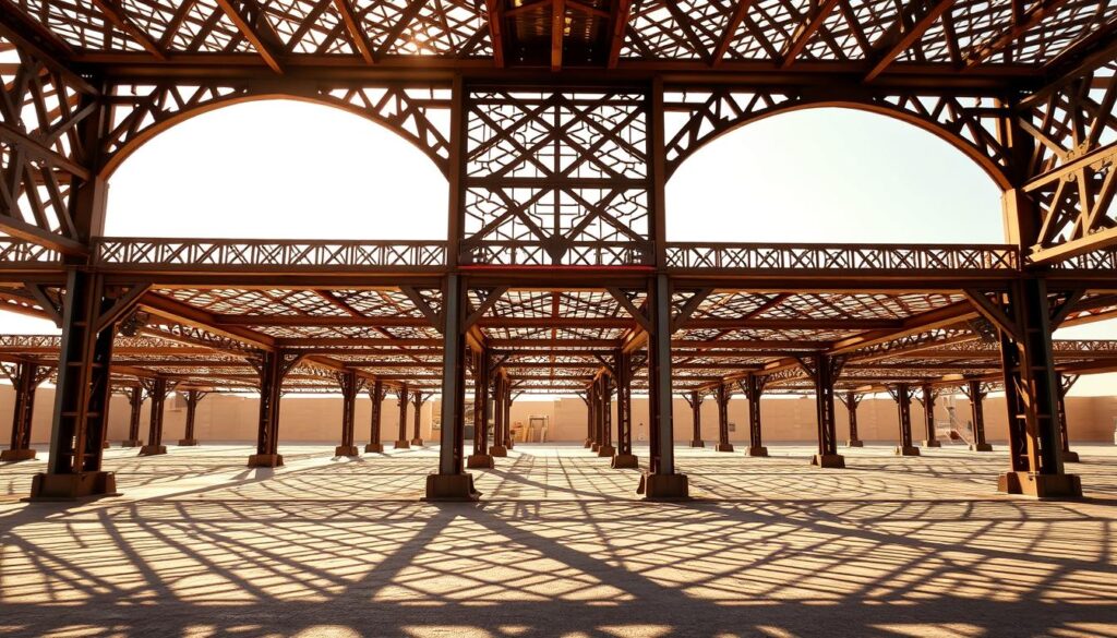 Detailed architectural metalwork depicting sturdy iron car canopies with intricate lattice patterns. The steel structures cast dramatic shadows across the ground, creating a sense of depth and solidity. Warm, natural lighting illuminates the rugged, industrial aesthetic, highlighting the craftsmanship and durability of the metal components. The overall design conveys a harmonious blend of functionality and aesthetic appeal, suitable for the hot, sunny climate of Saudi Arabia.