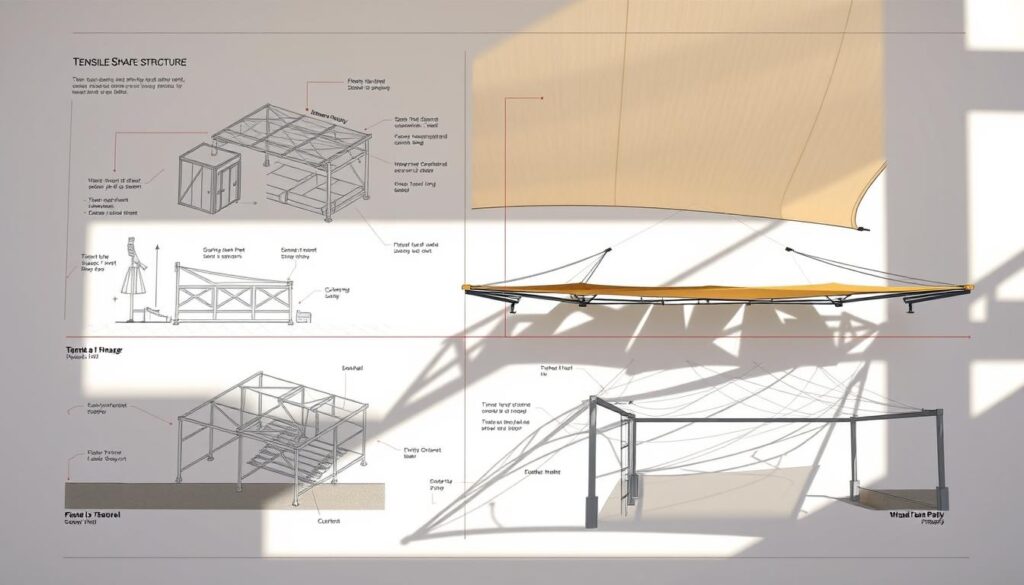 Detailed architectural schematic showcasing the sequential stages of tensile shade structure installation. Intricate diagrams depicting the foundation preparation, frame assembly, fabric attachment, and final tensile system deployment. Realistic lighting simulates natural sunlight, casting dynamic shadows that accentuate the structural components. The scene conveys a sense of precision and professionalism, reflecting the expertise required to execute such a project. Crisp, high-resolution imagery highlights the engineering prowess behind the creation of these versatile, elegant shading solutions for commercial and residential properties in Saudi Arabia.