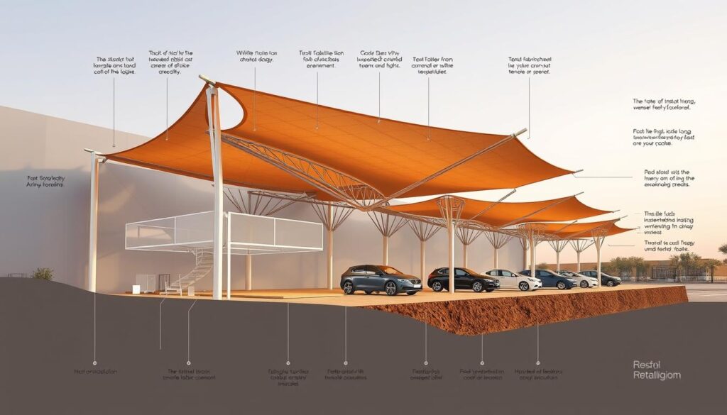 Detailed schematic diagram showcasing the intricate installation process of modern tensile car shades in Dammam, Saudi Arabia. The image should depict the key construction stages, from the foundational framework to the tensile fabric attachment, all rendered with photorealistic lighting and shadow effects to capture the depth and dimensionality of the structure. The scene should convey a sense of precision engineering and careful craftsmanship, highlighting the sophisticated design elements that harmonize function and aesthetic appeal.