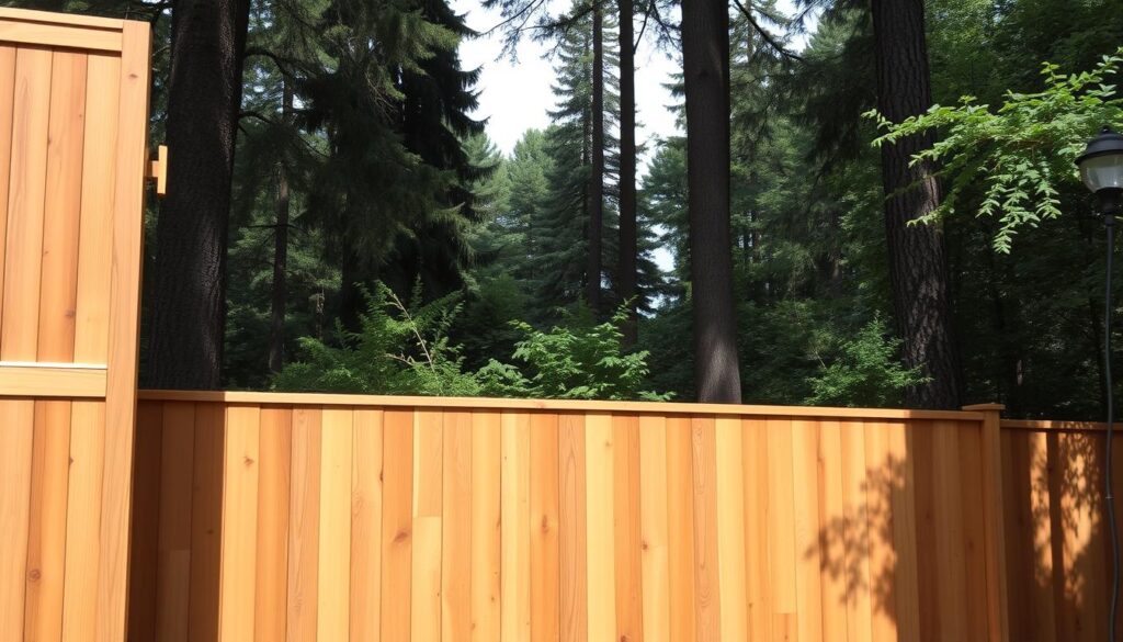 Detailed wooden privacy screens in a natural setting. A meticulously crafted cedar wood fence in warm tones stretches across the foreground, casting gentle shadows. Tall trees and lush greenery fill the middle ground, creating a sense of depth and seclusion. The scene is bathed in soft, diffused lighting, highlighting the intricate woodgrain patterns and the elegant, minimalist design of the screens. The overall atmosphere conveys a harmonious blend of functionality, craftsmanship, and seamless integration with the surrounding environment.