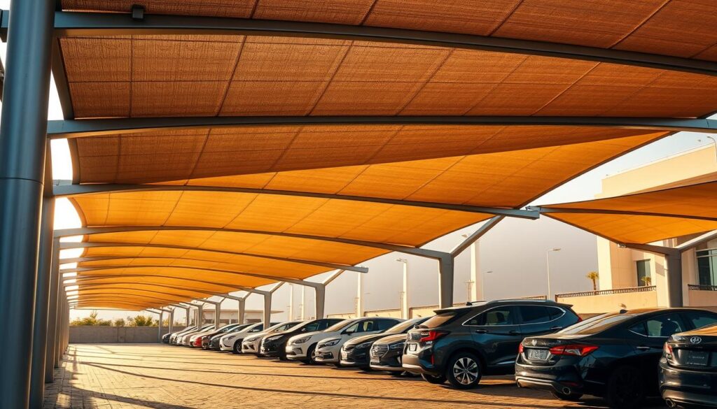 High-quality car parking shades in Alkhobar, Saudi Arabia, with a modern, sleek design. The canopy structures are made of premium materials, providing reliable protection from the sun and elements. Detailed textures on the fabric, metal frames, and support beams create a sense of quality and durability. Warm, natural lighting casts long shadows, highlighting the architectural features. The scene conveys a premium, luxurious atmosphere suitable for a high-end residential or commercial setting.