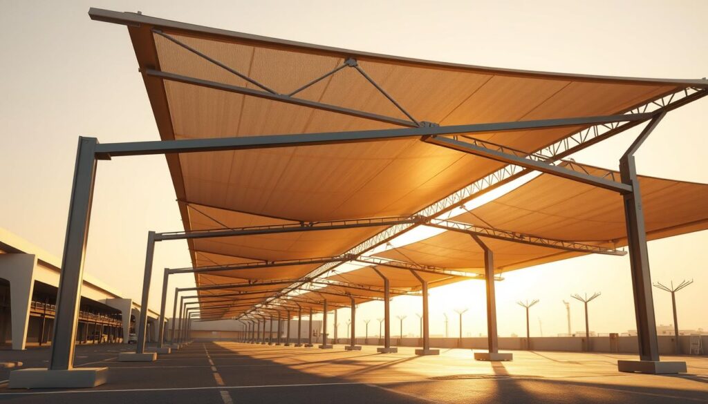 High-quality iron canopy structures in warm desert light, casting soft shadows on the ground. Sleek, contemporary design with geometric shapes and clean lines. Intricate metalwork details and supports, creating an elegant and functional tensile shade system for vehicle parking. Realistic lighting simulation, with warm tones and dramatic shadows. Captured at a low angle to emphasize the architectural form and materials. Depicts the innovative, modern aesthetic of the car shades in Dhahran, Saudi Arabia.