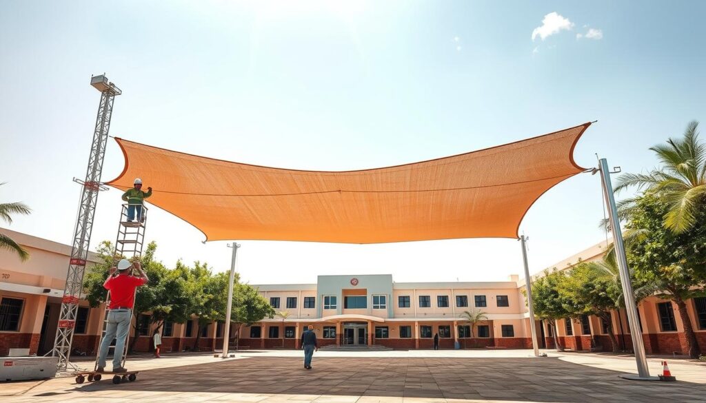 High-quality, photorealistic image of a school shade structure installation project in Dammam, Saudi Arabia. The foreground depicts multiple workers assembling a large, tensile-fabric shade canopy over a school courtyard, with detailed views of the connection points, structural supports, and fabric panels. The middle ground showcases the finished shade structure providing shelter and sun protection for students in the school yard, with realistic lighting and shadows. The background features the school building, trees, and a bright, cloudless sky to convey a sense of a warm, sunny day. Emphasis on the precise, step-by-step construction process to illustrate the "مراحل تنفيذ المشروع بالتفصيل" section.