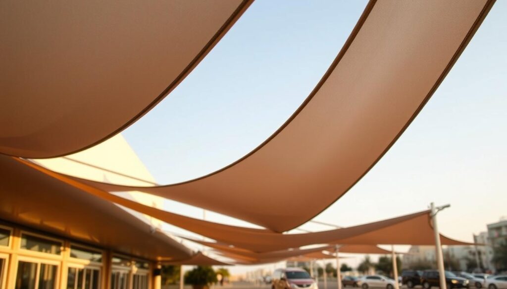 High-quality, realistic image of tensile shade structures made of PVC fabric in the city of Dammam, Saudi Arabia. The structures are shown in a natural outdoor setting, with soft, warm lighting and long shadows indicating afternoon sunlight. The foreground features the detailed textures and folds of the PVC material, while the middle ground showcases the taut, curved shapes of the shade structures. The background contains minimal urban elements like buildings or vehicles to keep the focus on the shade structures. The overall scene conveys a sense of durability, functionality, and aesthetic appeal of the PVC fabric awnings.