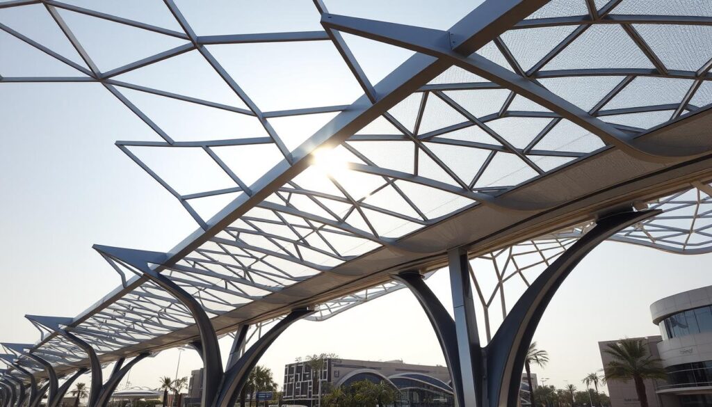 High-tech modern metal shade structures with sleek geometric designs, showcasing advanced engineering and durability for the city of Dammam, Saudi Arabia in the year 2026. The structures feature a combination of triangular and curved elements, creating a visually captivating and functional shading solution. Sunlight filters through the intricate patterns, casting dynamic shadows and creating a play of light and shadow. The structures are seamlessly integrated with the surrounding urban landscape, highlighting the city's commitment to innovative architectural solutions that prioritize both form and function.