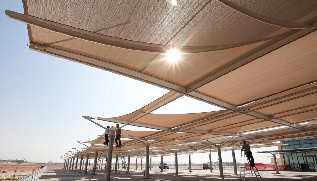 Imposing metallic canopies with intricate engineering, casting dynamic shadows across a sun-drenched Saudi Arabian landscape. Robust, weatherproof materials seamlessly integrated, showcasing the highest quality workmanship. A team of skilled technicians meticulously installing the structures, ensuring secure, long-lasting installation. Sunlight filters through the sleek, modern design, creating an atmosphere of durability and precision. Elegant lines and strategic placements optimize functionality and aesthetic appeal. This scene embodies the uncompromising quality and premium after-sales service for the Dammam metallic shades project.