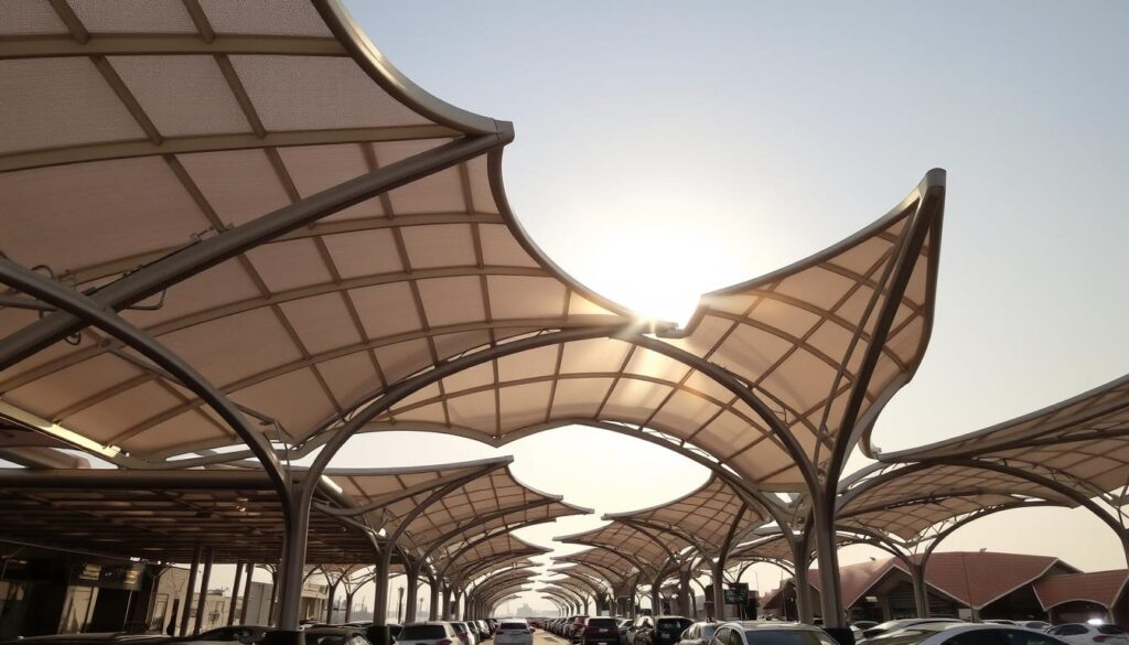 Intricate metal canopy structures in Dammam, Saudi Arabia, casting dynamic shadows under a warm, golden afternoon sun. Sleek, curved frames intertwine to form a harmonious architectural composition, providing shade and shelter for vehicles below. The design combines modern engineering with traditional Middle Eastern aesthetic, creating an elegant and functional public space. Attention to detail is evident in the seamless integration of support systems and the careful placement of each structural element. An atmosphere of sophistication and urban progress pervades the scene, reflecting the city's ongoing development and infrastructure improvements.