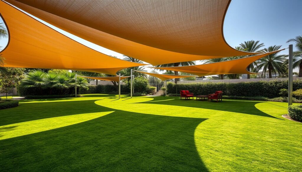 Lush garden with modern tensile shade structures, casting intricate shadows on the meticulously manicured lawn. Sleek, minimalist canopies in various geometric shapes, crafted from high-quality materials that complement the natural surroundings. Warm, directional lighting accentuates the curves and textures, creating an inviting ambiance. The overall scene conveys a sense of tranquility and sophisticated design, highlighting the harmony between artificial and natural elements. The shade structures provide ample coverage, offering respite from the Saudi Arabian sun while blending seamlessly with the serene landscape.