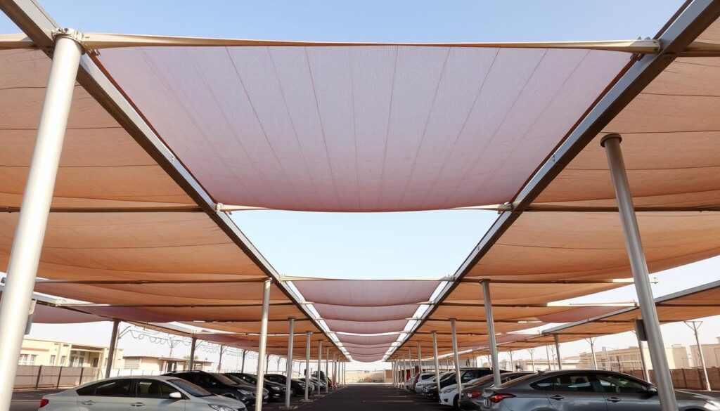 Modern car canopy structures in Dammam, Saudi Arabia, captured with a wide-angle lens and natural sunlight. The lightweight metal frames and tensile fabric coverings create an array of geometric patterns and contrasting shadows across the parking area. The structures provide effective protection from the intense desert sun and occasional rainfall, creating a comfortable shaded environment for vehicles. The scene conveys a sense of functional design and practical utility, with a color palette of warm tones and reflective metal surfaces.