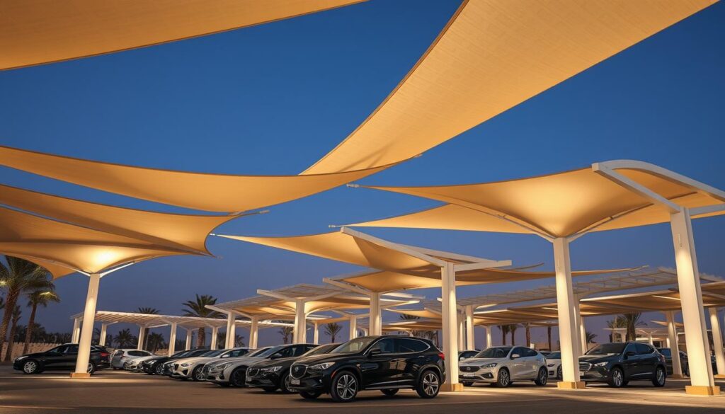 Showcase a luxurious display of modern car shade structures in Khober, Saudi Arabia. Depict a range of tensile shade designs, including sleek canopies and stylized pergolas, arranged with precision to create an inviting outdoor setting. Utilize realistic lighting to accentuate the intricate textures and materials, casting natural shadows that enhance the depth and perspective. Capture the elegance and sophistication of these advanced shading solutions, showcasing the cutting-edge technology and exceptional craftsmanship that define the 2026 car shade offerings.
