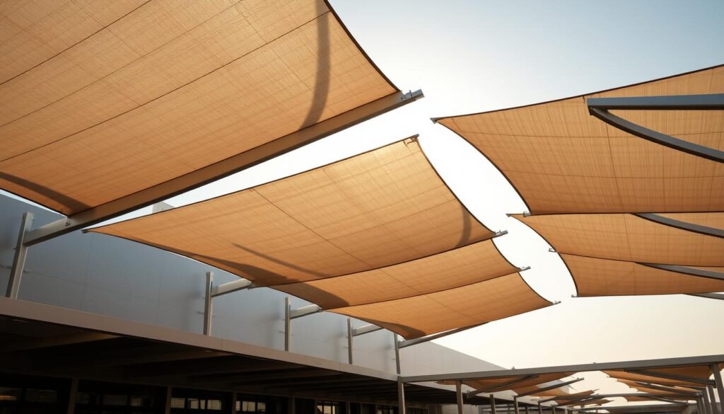 Sleek modern metal canopies in Dammam, Saudi Arabia, 2026. A sophisticated array of aluminum-framed tensile shade structures, expertly engineered to provide robust weatherproof coverage. Dramatic shadows play across the clean architectural lines, creating an eye-catching display of light and form. Sunlight filters through the tensile fabric, casting a warm glow over the scene. The canopies are arranged in an elegant, minimalist layout, showcasing their versatile and adaptable design. The resulting images emphasize the premium quality, durability and cutting-edge aesthetic of these 2026 shade solutions.