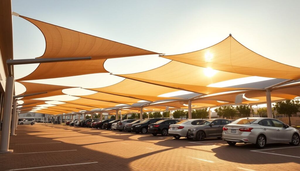 Vibrant and modern car shade structures in Dammam, Saudi Arabia. A sleek canopy of tensile fabric stretches above neatly arranged vehicles, casting dramatic shadows that dance across the pavement. Warm, golden light filters through the translucent material, illuminating the high-quality craftsmanship and attention to detail. The robust, durable frame supports the elegant design, ensuring optimal protection from the sun and rain. This scene showcases the seamless integration of form and function, creating a visually striking and functional solution for parking lot shading.