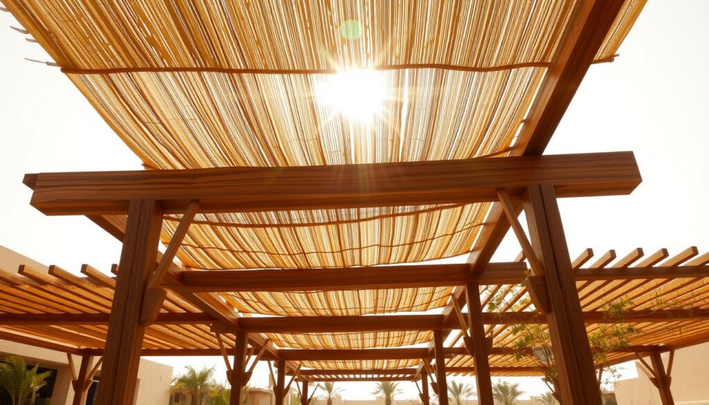 Wooden sun shades in Dammam, Saudi Arabia. A peaceful outdoor setting showcasing intricate wooden structures casting dynamic shadows. Delicate beams and lattices create a natural, yet modern aesthetic. Warm sunlight filters through the canopy, illuminating the textured wood grain. The structures seamlessly blend into the surrounding landscape, evoking a sense of tranquility. Precise camera angle captures the architectural details and materiality. Realistic lighting accentuates the interplay of light and shadow, highlighting the craftsmanship and design. An atmosphere of harmony between nature and contemporary elements.