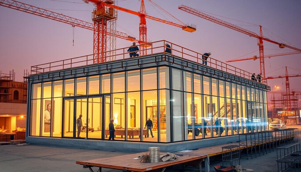 A Saudi Arabian construction site, where workers skillfully assemble a modern glass and steel annex. Insulated sandwich panels are carefully installed, blending traditional architecture with contemporary design. Warm lighting casts a soft glow, highlighting the intricate details of the project's execution. Cranes and scaffolding dot the background, creating a sense of organized progress. The scene conveys a harmonious fusion of heritage and modernity, perfectly capturing the essence of the "مجالس تراثية الدمام 2026" project.