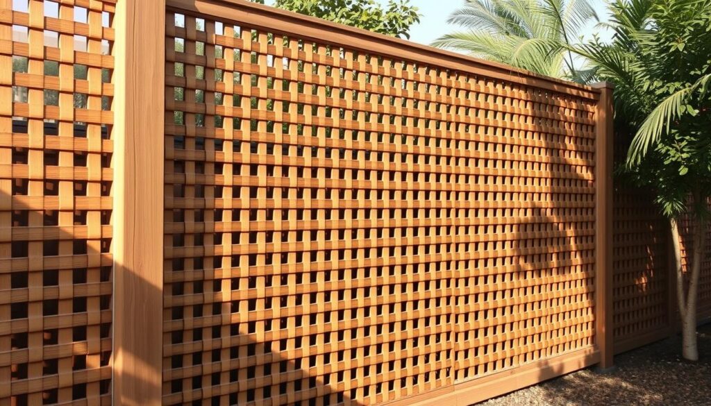 A beautifully crafted privacy fence in Dammam, showcasing an intricate latticework design. The sturdy wooden slats are meticulously arranged in a rhythmic, woven pattern, casting elegant shadows and allowing a gentle flow of light to permeate. The fence stands tall, creating a sense of seclusion and tranquility, yet its sophisticated appearance adds an air of elegance to the surrounding landscape. Warm, natural lighting accentuates the texture and warmth of the wood, while a subtle sense of depth is achieved through a slight camera angle. This privacy solution embodies the perfect balance of functional protection and aesthetic appeal, tailored to the unique needs and style of a Dammam residence.