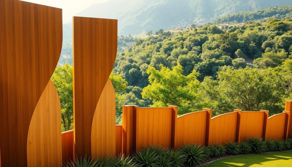 A breathtaking panorama of "سواتر الجبيل" - elegant privacy fences and wall screens seamlessly integrated into the stunning natural landscape. Tall, sturdy panels in warm earthy tones gracefully curve and intertwine, creating a harmonious blend of functionality and aesthetic beauty. Strategically placed openings allow for glimpses of the lush greenery beyond, evoking a sense of tranquility and connection with the outdoors. Meticulously crafted with high-quality, weather-resistant materials, these privacy solutions effortlessly withstand the elements, providing unwavering protection and security. Bathed in soft, diffused natural lighting, the scene exudes an aura of sophistication and understated elegance, perfectly capturing the essence of the "مشاريع سواتر منفذة في الجبيل".