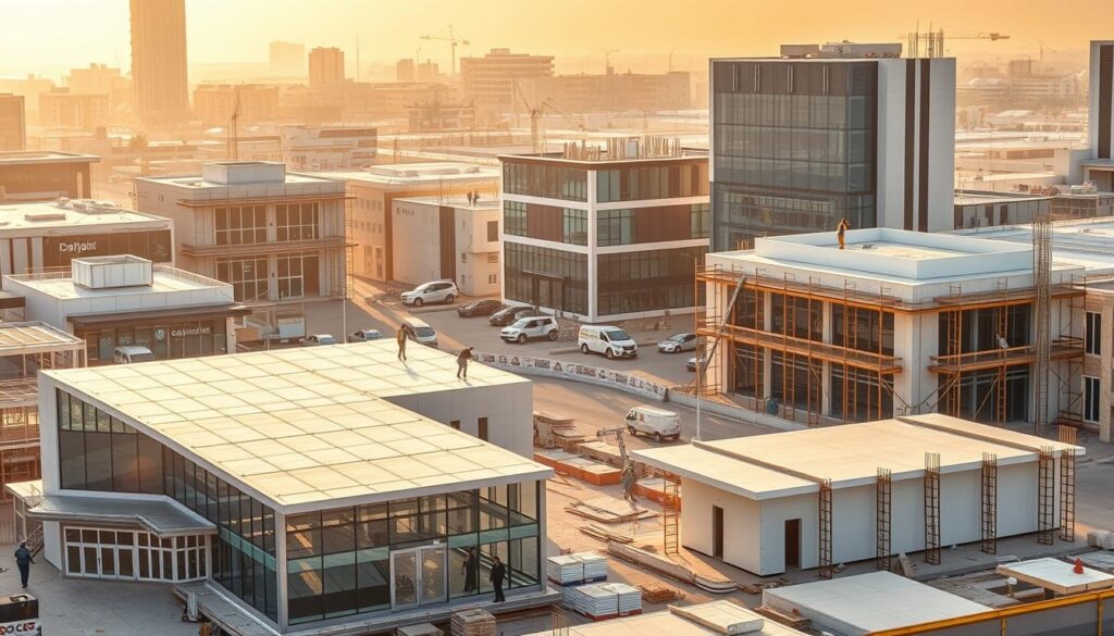 A bustling commercial district in Dammam, Saudi Arabia, featuring a collection of modern, high-quality business projects. The scene depicts a mix of glass-enclosed annexes and sleek, insulated sandwich panel structures, all built with precision and craftsmanship. Workers can be seen diligently installing the panels, creating a sense of progress and dynamism. The buildings are bathed in warm, golden sunlight, lending an air of prosperity and vitality to the urban landscape. The prompt aims to capture the essence of the Dammam business community, showcasing the city's commitment to investing in cutting-edge, sustainable commercial developments.