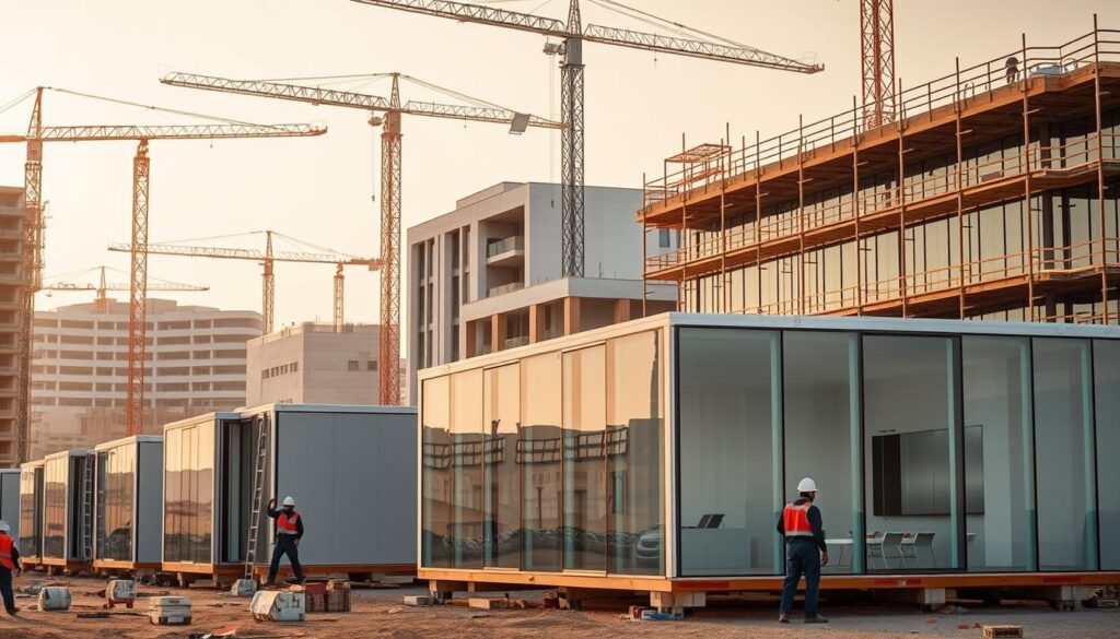A bustling construction site in Dammam, Saudi Arabia, showcases the latest in modern building techniques. In the foreground, skilled workers meticulously install insulated sandwich panels, creating sleek and energy-efficient glass-walled annexes. The middle ground features a combination of contemporary architectural designs, with clean lines and large windows that allow natural light to flood the interiors. The background is dominated by towering cranes and scaffolding, hinting at the scale and complexity of the ongoing projects. The scene is bathed in warm, golden tones, reflecting the vibrant energy of the region's thriving commercial development. The overall atmosphere conveys a sense of progress, innovation, and quality craftsmanship.