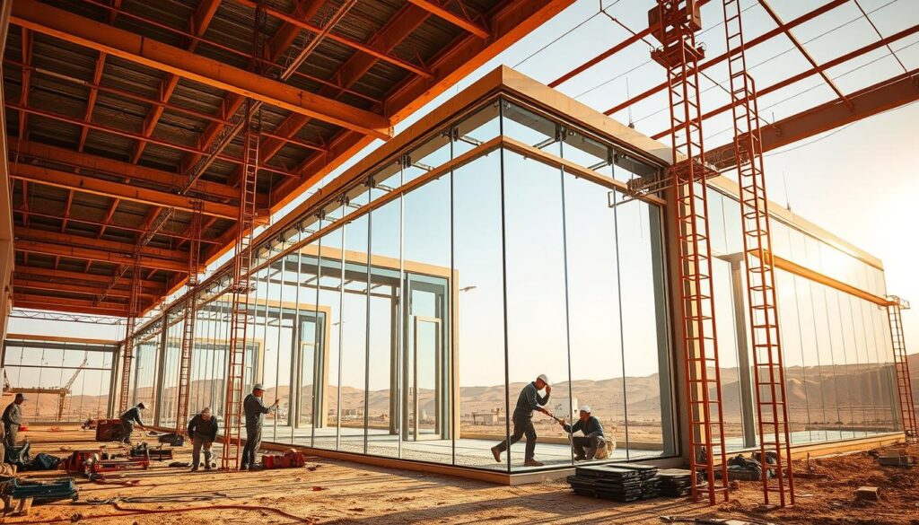 A bustling construction site in Hofuf, Saudi Arabia, where workers are meticulously assembling a series of contemporary glass annexes and sunrooms. Sleek, insulated sandwich panels are being installed, creating a harmonious blend of transparency and thermal efficiency. The scene is bathed in warm, natural lighting, capturing the intricate process of transforming the landscape with these cutting-edge architectural marvels. The resulting structures will offer panoramic views and a refined aesthetic, seamlessly integrating with the surrounding environment. An impressive showcase of the company's expertise in delivering innovative projects within the Ahsa region.