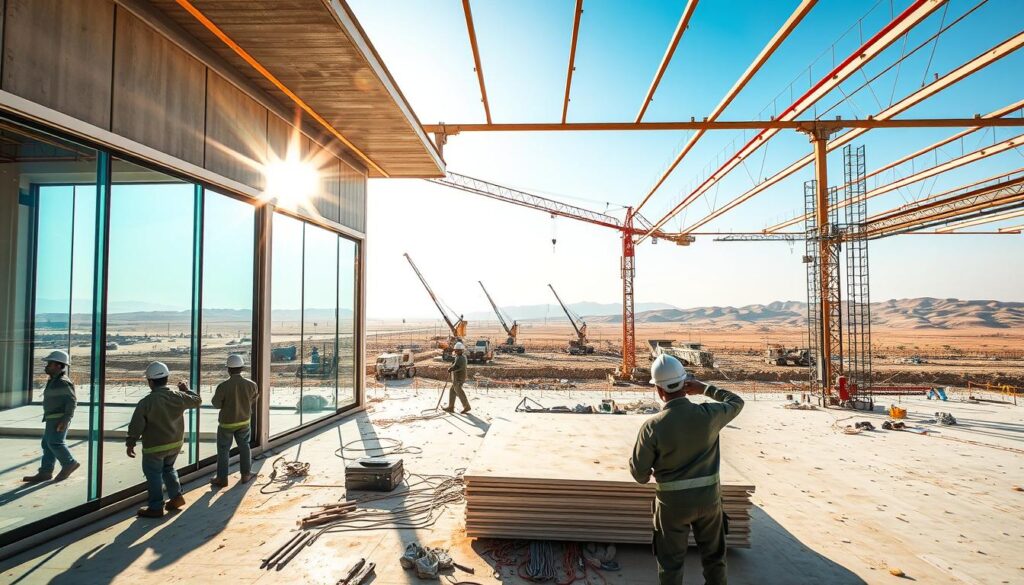 A bustling construction site in the heart of Al-Ahsa, Saudi Arabia, where workers skillfully install advanced insulated sandwich panels to create modern, energy-efficient annexes and glass-walled rooms. Bright sunlight filters through the glass, casting a warm, vibrant glow over the scene. In the foreground, workers in hard hats carefully align the panels, their movements precise and coordinated. In the middle ground, cranes and machinery stand ready to assist, while the background showcases the stunning natural landscape of the region, hinting at the scope and ambition of these innovative projects. The overall atmosphere radiates a sense of progress, technological prowess, and a commitment to sustainable building solutions.