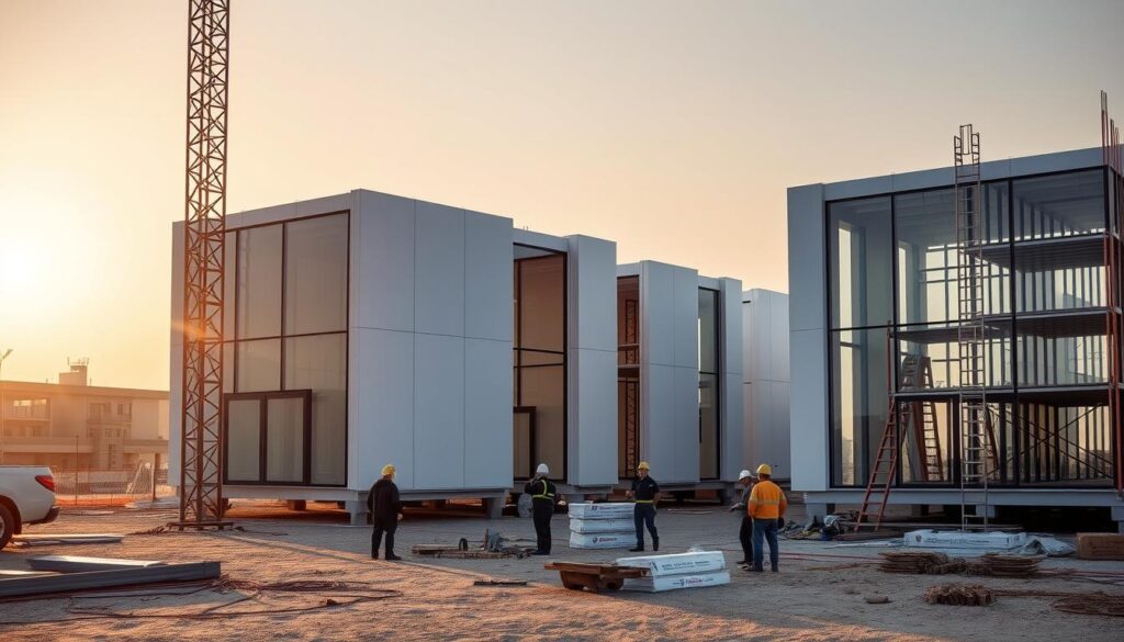 A construction site bustles with activity as skilled workers carefully install insulated sandwich panels to erect a series of contemporary glass-enclosed annexes. The structures rise gracefully, bathed in warm lighting that casts long shadows on the ground. Architectural details, such as sleek metal frames and seamless glass walls, lend an air of sophistication to the project. The scene exudes a sense of precision and professionalism, reflecting the high-quality craftsmanship required to bring this ambitious building endeavor to life in Dammam, Saudi Arabia.