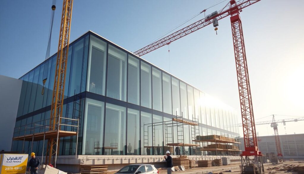 A construction site bustling with activity as skilled workers assemble a modern glass and steel annex. Sunlight filters through the large windows, illuminating the precision installation of insulated sandwich panels. Cranes and scaffolding frame the scene, conveying the technical expertise required for this architectural project. The sleek, minimalist design blends seamlessly with the existing structure, showcasing the latest advancements in energy-efficient building techniques. Meticulously planned layouts and strict engineering standards ensure the highest quality craftsmanship, as the structure takes shape to become a stunning addition to the modern Dhahran skyline.
