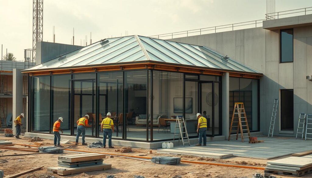A construction site bustling with activity as skilled workers meticulously assemble the intricate components of a glass-enclosed annex. The scene unfolds in a warm, diffused light, capturing the precision and care involved in this process. Sturdy insulated panels are carefully positioned, their sleek profiles seamlessly integrating with the existing structure. The interplay of glass, metal, and concrete creates a harmonious visual symphony, hinting at the luxurious and refined ambiance that will characterize the finished space. Diverse camera angles offer dynamic perspectives, showcasing the technical expertise and attention to detail that define the execution of this ambitious project.