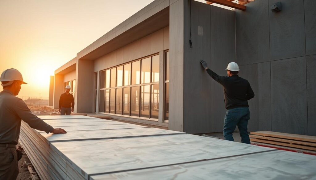 A construction site in Alkhobar, Saudi Arabia, showcases the installation of high-quality insulated sandwich panels and cement boards. The foreground features skilled workers meticulously assembling the panels, their hands guiding the materials into place with precision. The middle ground displays the sleek, modern design of the building, with clean lines and large windows that allow natural light to flood the interior. In the background, a warm, golden hue from the sun casts a serene glow over the scene, highlighting the durability and thermal efficiency of the building materials. The overall atmosphere conveys a sense of progress, innovation, and craftsmanship, perfectly capturing the essence of the "مميزات البناء باستخدام الساندوتش بانل والأسمنت بورد في الخبر" section.