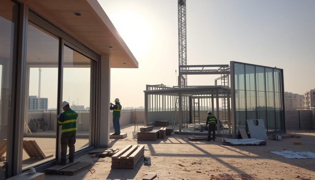 A construction site in Dammam, Saudi Arabia, where workers meticulously assemble an outdoor annexe. Sunlight filters through the glass walls, casting a warm glow over the scene. In the foreground, skilled laborers expertly install insulated sandwich panels, ensuring efficient thermal insulation. The middle ground features a blend of modern architectural elements, like sleek metal frames and seamless glazing. In the background, the structure takes shape, its clean lines and minimalist design complementing the surrounding urban landscape. The atmosphere is one of precision, craftsmanship, and a commitment to quality, reflecting the goals of the 2026 Dammam outdoor room construction project.
