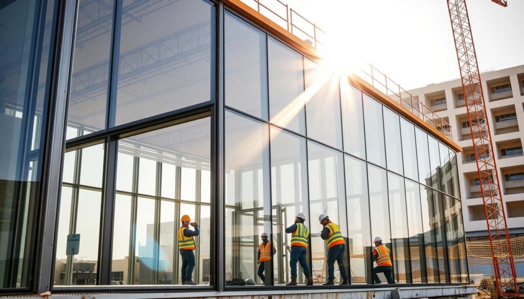 A construction site in Saudi Arabia, workers carefully assembling insulated sandwich panels to create a modern glass-enclosed annex. The panels, with their sleek metallic exterior and dense core, fit seamlessly together, forming the structure's walls and ceiling. Bright sunlight filters through the glass, casting a warm glow across the scene. The workers, in their safety gear, move with precision, ensuring a tight, secure fit for each panel. In the background, the existing building stands as a testament to the integration of old and new, creating a harmonious architectural composition.