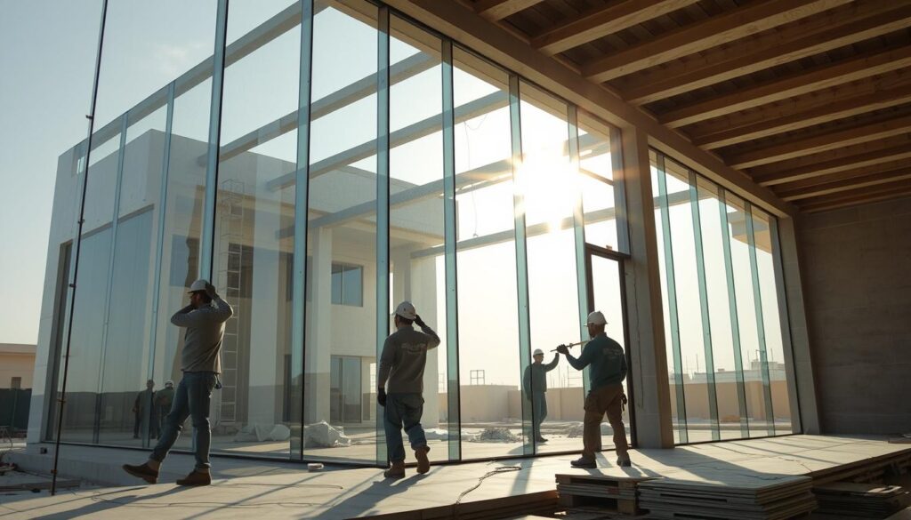 A construction site in Saudi Arabia, workers meticulously installing insulated sandwich panels to build a modern glass-enclosed annex. The panels, intricately fitted together, create a sleek, seamless facade. Bright sunlight filters through the glass, casting dynamic shadows and highlights across the scene. The workers' precise movements and the orderly arrangement of materials convey a sense of efficiency and expertise. The resulting structure will blend harmoniously with the existing villa, showcasing the perfect balance of privacy and elegance in architectural design.