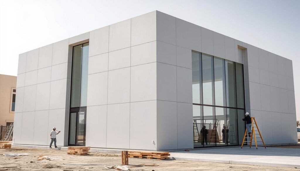 A contemporary annexe with workers installing sleek, insulated sandwich panels in the city of Dammam, Saudi Arabia. The panels feature a smooth, seamless exterior with a matte finish, perfectly aligning to create a cohesive, sophisticated façade. Abundant natural light filters through large glass panels, illuminating the clean, minimalist design. The structure stands as a testament to the region's commitment to quality construction, blending modern architecture with exceptional thermal and structural performance. The scene conveys a sense of precision, durability and energy efficiency, capturing the essence of the "Reeyadah Al-Sharqiyah" quality standards.