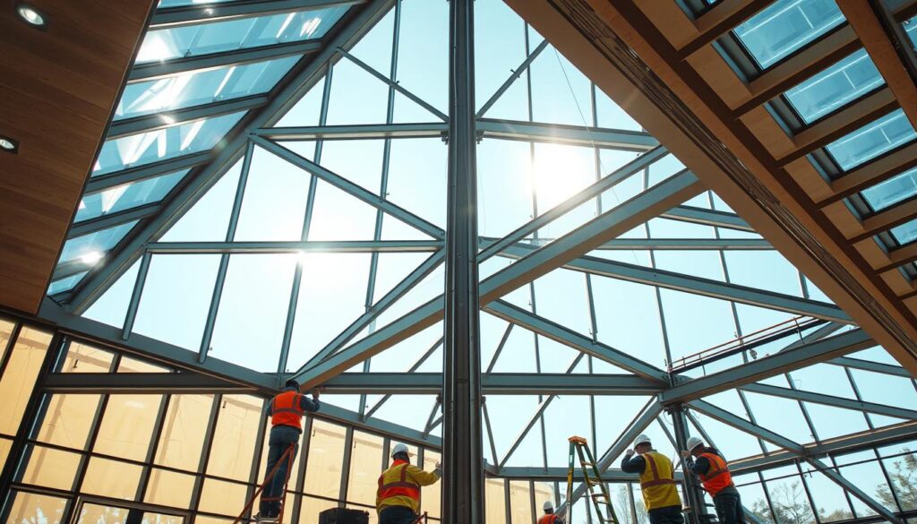 A contemporary architectural masterpiece, featuring a seamless integration of insulated sandwich panels and intricate glass structures. Sunlight filters through the sleek, tinted panes, casting a warm, inviting glow upon the meticulously crafted framework. Skilled technicians, clad in protective gear, diligently install the high-performance panels, ensuring a harmonious blend of thermal efficiency and aesthetic allure. The scene exudes a sense of quality, precision, and unwavering commitment to craftsmanship, embodying the very essence of "ضمان الجودة" - a promise of superior standards and lasting durability.