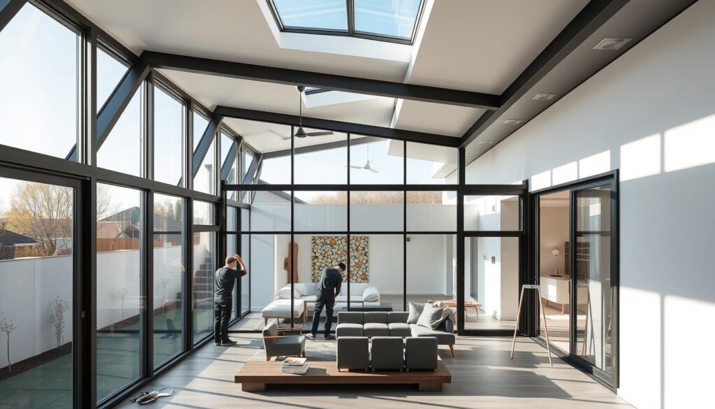 A contemporary glass and steel annex with clean, minimalist lines and geometric patterns. Abundant natural light filters through large windows and skylights, creating a warm, airy ambiance. The structure seamlessly integrates with the surrounding modern villa, featuring a sleek, understated color palette of whites, grays, and metallic accents. Workers carefully install insulated sandwich panels, ensuring energy efficiency and thermal comfort. This versatile, modern annexe design offers an inviting space for relaxation, entertaining, or expanding the living area, tailored to the needs of a discerning homeowner.