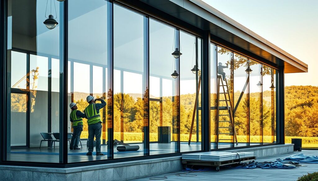 A contemporary glass annex with workers carefully installing premium insulated sandwich panels, creating a harmonious fusion of sleek modernity and exceptional craftsmanship. The scene is bathed in warm, natural lighting, accentuating the clean lines and reflective surfaces of the panels. The middle ground showcases the seamless integration of the new structure with the existing building, while the background hints at a lush, verdant landscape, adding a serene, picturesque quality to the overall composition.