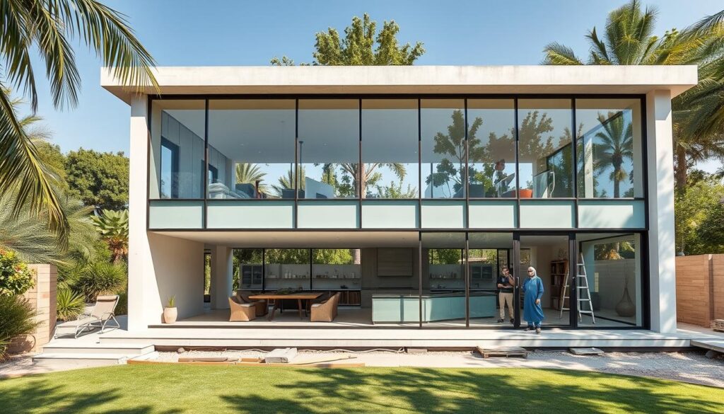 A contemporary, glass-enclosed annex under construction in Dammam, Saudi Arabia. The structure features sleek, insulated sandwich panels installed by skilled workers, creating a seamless integration of indoor and outdoor living spaces. Abundant natural light streams through the expansive windows, complemented by a minimalist, modern aesthetic. The annex is situated in a lush, verdant setting, blending harmoniously with its surroundings to offer a luxurious, yet tranquil atmosphere for outdoor gatherings and relaxation.