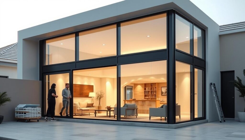 A contemporary glass-enclosed annex with floor-to-ceiling windows, illuminated by soft natural lighting. Elegant, minimalist furnishings and clean lines create a serene, spacious atmosphere. Skilled workers carefully install insulated sandwich panels, ensuring energy efficiency and thermal comfort. The annex blends seamlessly with the existing structure, offering an inviting, flexible living space that harmonizes with the family's lifestyle in Dammam, Saudi Arabia.