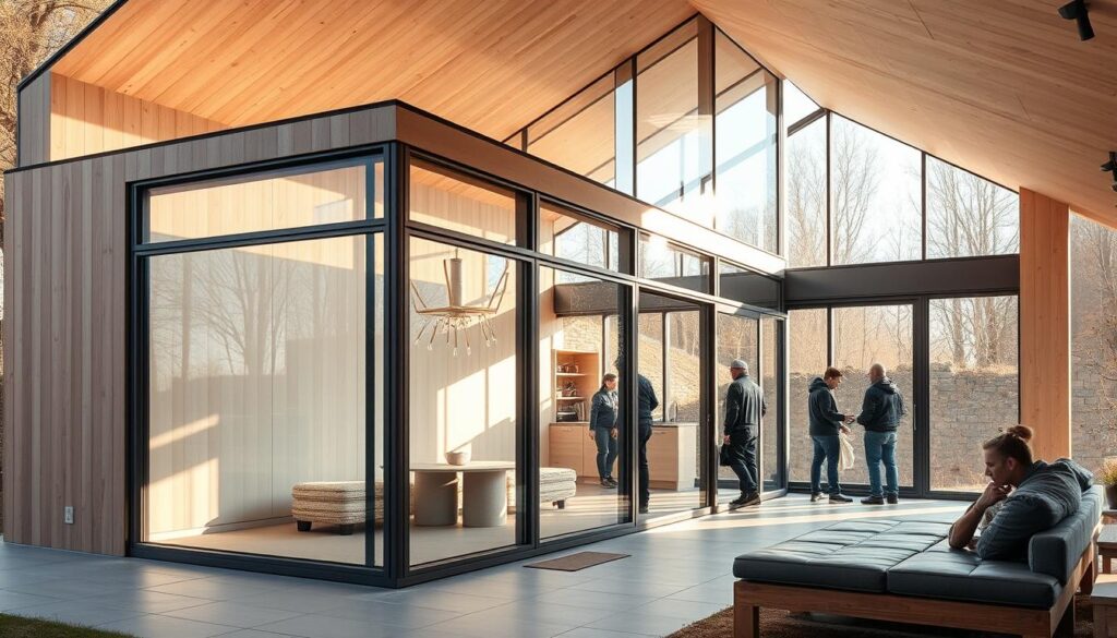 A contemporary glass-enclosed annex with seamless integration of insulated sandwich panels, bathed in warm natural light and minimal, clean lines. The structure features a harmonious blend of transparency and solidity, creating a visually striking and functional addition to the home's architecture. A team of skilled workers meticulously install the panels, ensuring a high-quality, energy-efficient, and aesthetically pleasing result. The overall design emphasizes modern elegance, thermal comfort, and a connection to the surrounding environment.