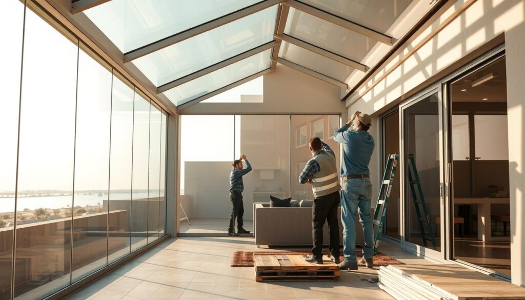 A contemporary glass-enclosed outdoor living space, with workers carefully installing high-quality insulated sandwich panels. The structure features a sleek, minimalist design, seamlessly blending the indoor and outdoor environments. Abundant natural light floods the area, creating a warm, inviting atmosphere. The building process is captured in intricate detail, showcasing the precision and craftsmanship required to construct these functional yet aesthetically pleasing annexes. The image conveys the importance of well-designed, thermally efficient outdoor living spaces in the coastal city of Al-Khobar, Saudi Arabia.