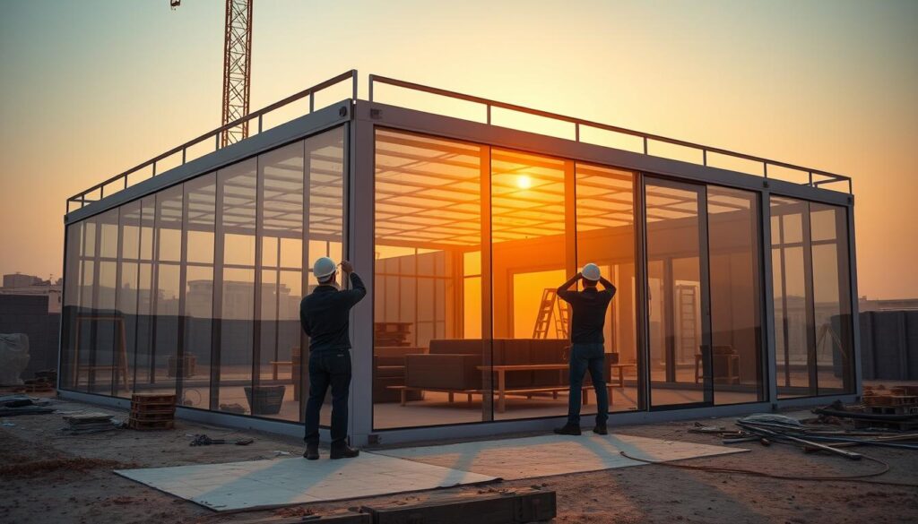 A contemporary glass enclosure project comes to life, with skilled workers meticulously installing insulated sandwich panels to construct stylish, panoramic annexes in the heart of Saudi Arabia. The scene depicts a harmonious blend of precision craftsmanship and innovative design, as the execution of this visionary project unfolds. Warm, directional lighting accentuates the sleek glass surfaces, while a sense of dynamic movement captures the efficient progress of the construction process. The resulting image will showcase the precise, step-by-step implementation of this ambitious architectural endeavor, seamlessly integrating functionality and aesthetic appeal.