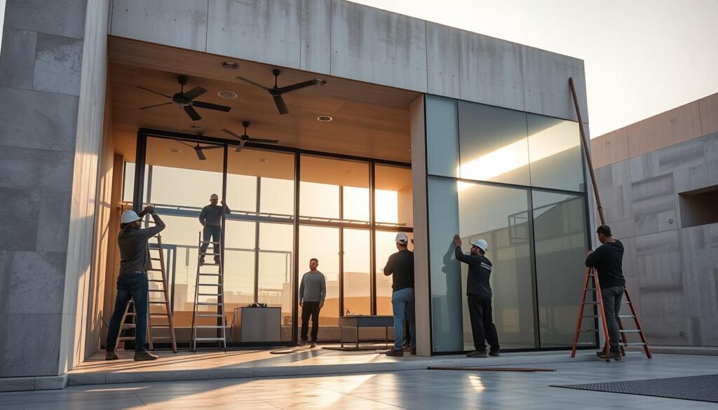 A contemporary outdoor majlis in Jubail, Saudi Arabia, 2026. A team of skilled workers erect modular glass walls and insulated panels, crafting a sleek and functional space. Sunlight filters through the frameless glass, casting warm hues across the minimalist concrete structure. Strategically placed lighting fixtures accentuate the architectural elements, creating a harmonious interplay of light and shadow. The carefully curated palette of materials, including polished stone and natural wood, lends an air of understated elegance. This meticulously planned project showcases the execution of a visionary design, seamlessly blending traditional and modern aesthetics to redefine the outdoor living experience.