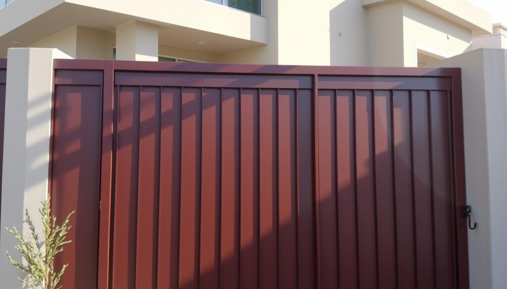 A contemporary residential setting in Khobar, Saudi Arabia. Showcasing an expertly crafted privacy fence system composed of sturdy, rust-resistant metal panels. The fence stands tall, providing a strong perimeter while maintaining an elegant, streamlined aesthetic that seamlessly blends with the surrounding architecture. Sunlight filters through the panels, casting intricate shadows that add depth and visual interest. The fencing is meticulously installed, demonstrating the skilled craftsmanship of the local installation team. The overall scene conveys a sense of security, privacy, and sophisticated design that is tailored to the needs of the modern Khobar homeowner.