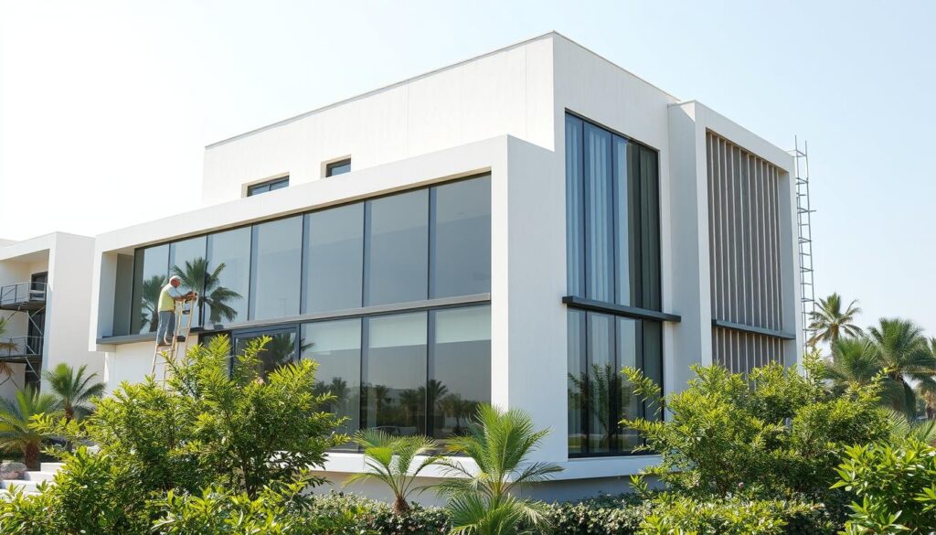 A contemporary two-story residential building with a glass-enclosed annex on the side, situated in the heart of Dammam, Saudi Arabia. The annex features a minimalist design, with clean lines and large windows that flood the interior with natural light. Insulated sandwich panels line the exterior, providing efficient thermal insulation. Construction workers are diligently installing the panels, their silhouettes visible through the glass. The building is surrounded by lush greenery, creating a harmonious blend of modern architecture and natural elements. The overall scene conveys a sense of sleek, sophisticated design seamlessly integrated with the local environment.