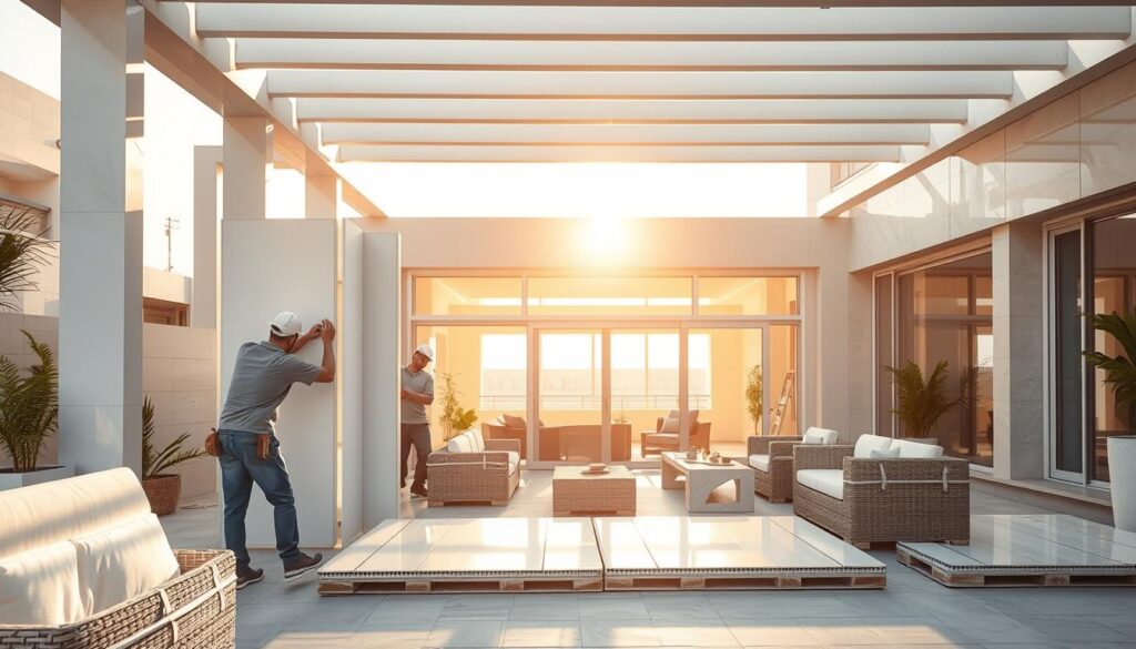 A crisp, well-lit image of a modern outdoor living space in Dammam, Saudi Arabia. In the foreground, skilled workers carefully install gleaming white insulated sandwich panels, their precise movements showcasing the ease of assembly. The middle ground features the smooth, clean lines of the framing, seamlessly integrating the panels into the structure. In the background, the warm glow of the sun filters through large glass windows, illuminating the space and creating a welcoming, comfortable atmosphere. The image captures the quality and efficiency of constructing with sandwich panels and cement boards, perfectly illustrating the advantages of this building method.