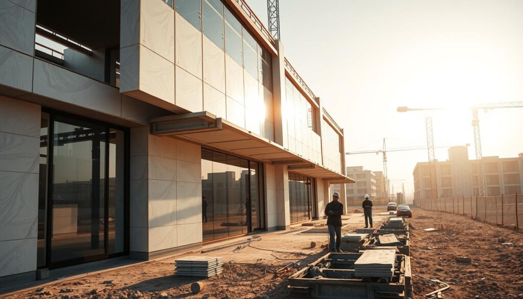 A detailed and modern construction site featuring a team of skilled workers installing insulated sandwich panels to build an elegant, glass-enclosed annex in the Saudi Arabian city of Al-Ahsa. The scene is bathed in warm, natural lighting, casting long shadows and highlighting the intricate textures of the building materials. The foreground showcases the precision craftsmanship, while the middle ground reveals the overall structural design, and the background suggests the broader urban landscape. An atmosphere of progress, innovation, and careful attention to quality permeates the entire composition.