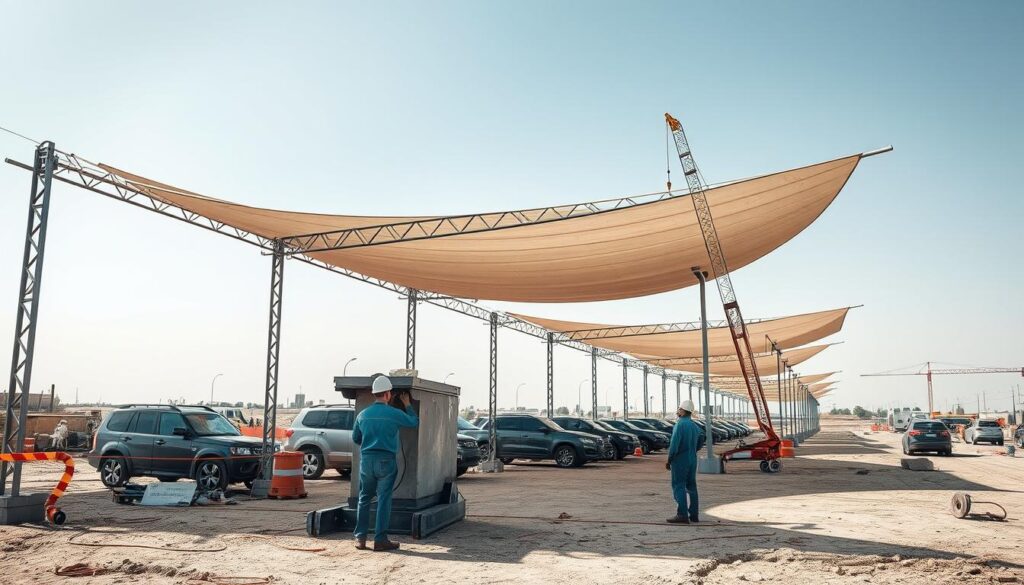 A detailed and realistic construction site for the installation of car shaded structures in Saudi Arabia. Showcase the meticulous process step-by-step, from the ground-up framework to the tensile fabric canopy stretched overhead. Emphasize the intricate metalwork and careful anchoring to withstand the region's harsh climate. Depict the installation crew in the foreground, diligently assembling each component with precision. In the background, capture the surrounding landscape and infrastructure to provide context. Utilize natural lighting with dramatic shadows to convey the project's scale and complexity. Convey a sense of progress, quality, and safety throughout the scene.