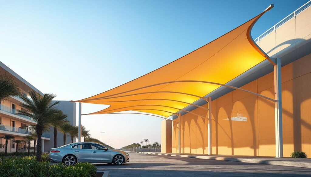A detailed architectural engineering diagram showcasing the construction materials and techniques used in the design and installation of modern tensile shade structures in Saudi Arabia. The scene depicts a car parked underneath a large, sweeping canopy made of high-tensile fabric and supporting steel framing, illuminated by warm, directional lighting that casts long, dramatic shadows. The composition highlights the sleek, minimalist aesthetic and engineering prowess behind these innovative shade solutions, perfectly suited for the region's climate and urban landscape.