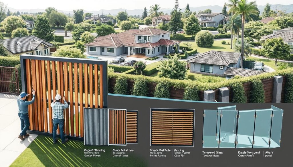 A detailed, architectural illustration showcasing the process of installing privacy screens and fences for residential properties. The foreground depicts a team of skilled workers carefully assembling a sleek, modern slatted wall system, highlighting the intricate construction techniques. The middle ground showcases various screen and fencing options, including elegant wooden slats, sturdy metal frames, and durable tempered glass panels. The background features a serene suburban setting, with lush greenery and well-appointed villas, demonstrating how these privacy solutions seamlessly integrate into the surrounding landscape. The lighting is soft and diffused, lending an air of sophistication, while the camera angle provides a comprehensive, technical view of the installation process.
